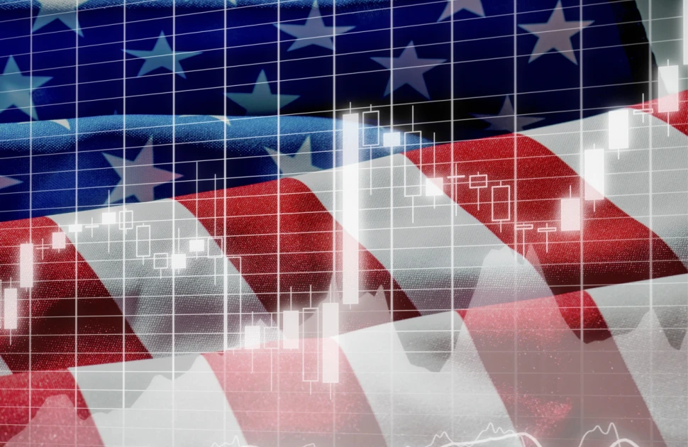 United States stars and stripes flag overlayed with charts